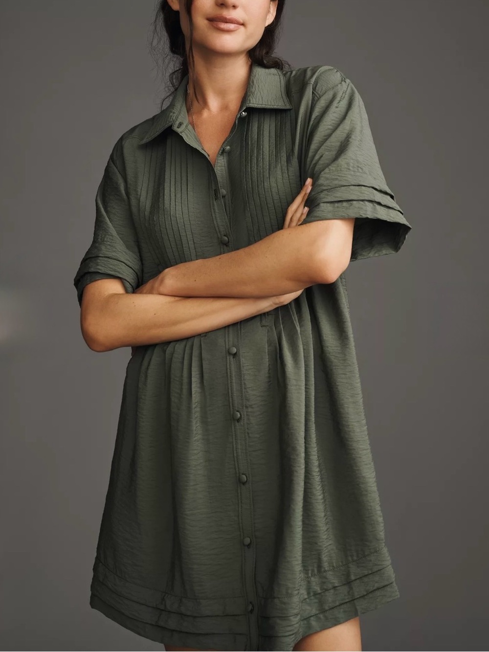 Anthropologie Pilcro Short-Sleeve Pintuck Tunic Shirt Dress Small Olive Green